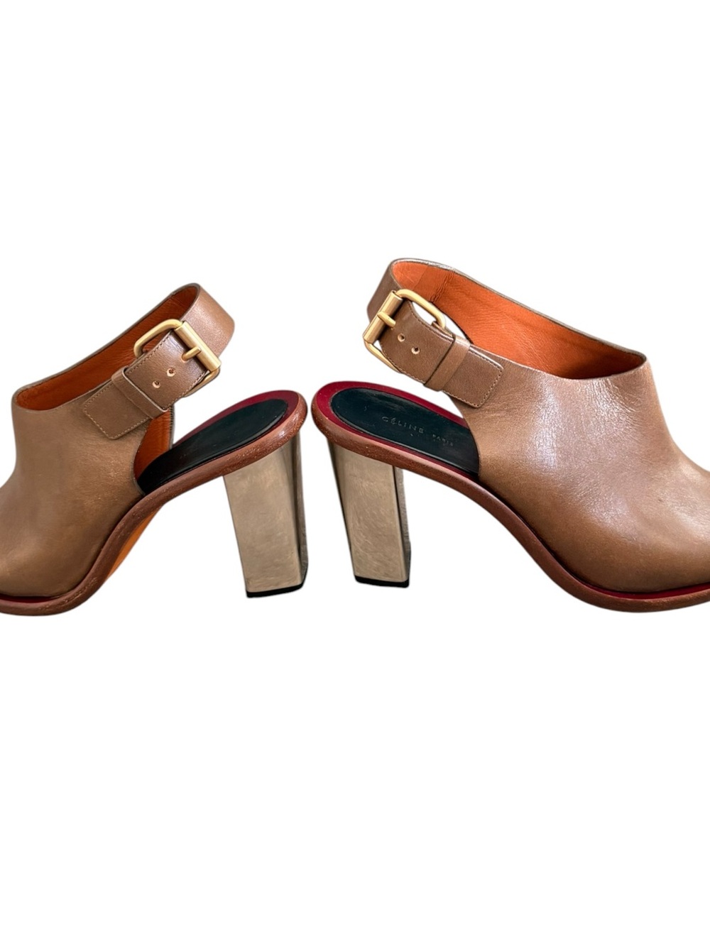 Celine Brown Leather Sandals with Red Trim and Gold Buckle - Picture 4 of 6